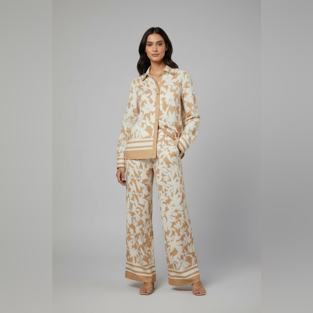 Beige Floral Button Down Wide Leg Pants Set
